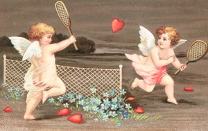 Twee cherubijnen die tennis spelen met een hart als bal
