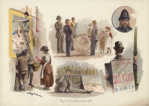 Typen van het Londense straatleven: plakkaatdrager, bloemenverkoper, muzikanten, bedelaar, sandwichman, politieagent (chromolitho) door English School