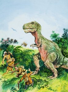 Tyrannosaurus Rex die mannen confronteert