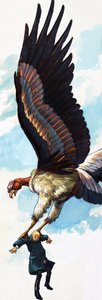 Ongeïdentificeerde volksverhaalillustratie van man gedragen door reuzenvogel