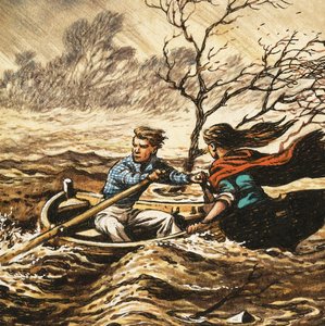 Onbekende scène van jongen die meisje roeit in storm