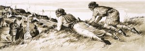 Ongeïdentificeerde scène van twee mannen die een Romeins kamp bespioneren door English School