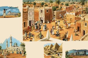 Ongeïdentificeerde scènes van Egypte, inclusief het oude Egypte en piramides