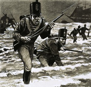 Ongeïdentificeerde soldaten landen op het strand