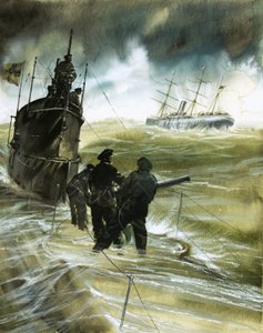 Ongeïdentificeerde soldaten op het dek van een onderzeeër met boot aan de horizon