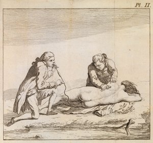 Het gebruik van een fumigator om tabaksrook in de ingewanden van een verdronken vrouw te blazen om reanimatie te bevorderen, ca. 1790 (gravure) door English School