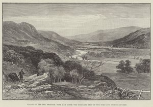 Vallei van de Dee, Braemar, met Mar Lodge, de Hooglandse zetel van de hertog en hertogin van Fife (gravure) door English School