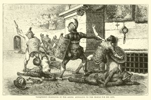 Verslagen gladiator in de arena smeekt het volk om zijn leven