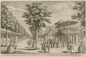 Vauxhall Gardens, Londen, met de Grote Wandelgang bij de ingang van de tuin en het Orkest, met de muziek spelend