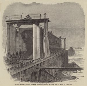 Victoria Bridge, doorsnede van de vorming van de buis en de structuur (gravure) door English School