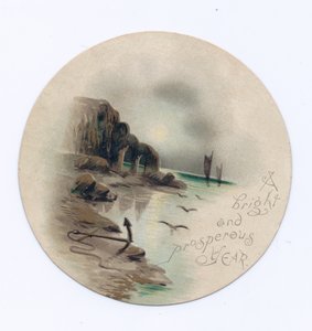Victoriaanse ronde nieuwjaarskaart van een zeegezicht met twee jachten op een maanverlichte nacht, ca. 1880