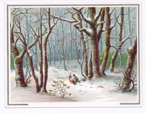 Victoriaanse wenskaart van twee kinderen die takken verzamelen in de sneeuw, ca. 1880 door English School