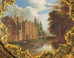 Victoriaans bord versierd met een scène van St. Johns College, Cambridge, Third Court en zijn brug