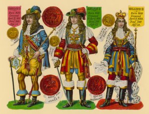 Victoriaanse prent: Koning Karel II, Koning Jacobus II, Koning Willem III
