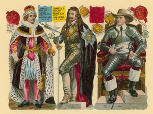 Victoriaanse prent: Koning James I, Koning Charles I, Oliver Cromwell