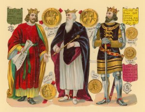 Victoriaanse prent: Koning Jan, Koning Edward I, Koning Hendrik III door English School