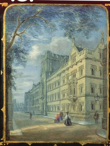 Victoriaans naaikastpaneel versierd met een scène van Exeter College, Oxford (papier-maché)
