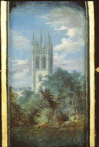 Victoriaans naaikastpaneel versierd met een scène van Magdalen College, Oxford (papier-maché)
