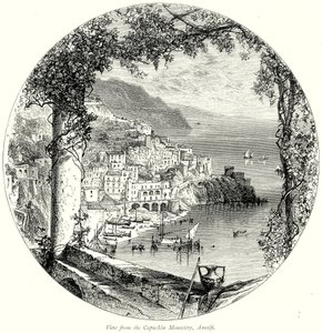 Uitzicht vanaf het kapucijnenklooster, Amalfi (gravure) door English School