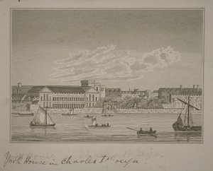 Uitzicht naar het noorden over de rivier de Theems, kijkend naar York House en York Buildings