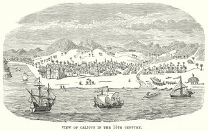 Gezicht op Calicut in de 15e eeuw (gravure) door English School