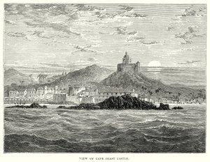Gezicht op Cape Coast Castle (gravure)