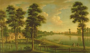 Uitzicht op Chelsea Reservoir en Waterwerken, met Westminster Abbey in de verte, c.1725 door English School