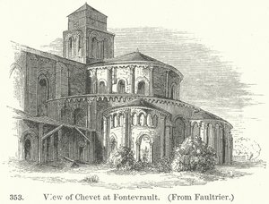 Gezicht op Chevet bij Fontevrault (gravure) door English School