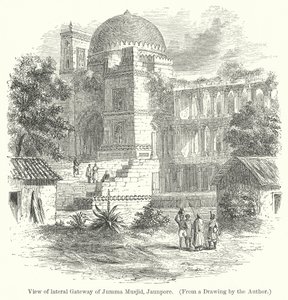 Zicht op de zijpoort van de Jumma Musjid, Jaunpore (gravure) door English School