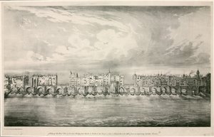 Uitzicht op de oude London Bridge zoals in het bewind van koningin Elizabeth I door English School