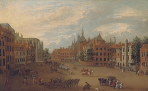 Zicht op Old Palace Yard, Westminster, met het Oostelijke Eind van Westminster Abbey en de Kapel van Koning Hendrik VII aan de Linkerkant, c.1700 door English School