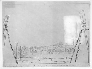 Uitzicht op Roxborough Church, Kings Arms en de schoorstenen van Browns House, vanuit een schietgat tussen de sally port en het rechter bastion van de linies, 1776 door English School