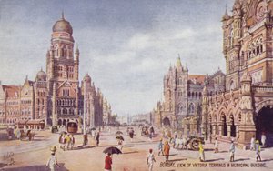 Uitzicht op Victoria Terminus  Gemeentegebouw, Bombay (kleurenlitho) door English School