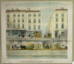 Gezicht op een straat in Londen met een tunnel eronder ter ontlasting van het verkeer, c.11850 (litho)