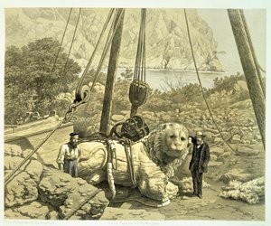 Uitzicht op een kolossale leeuw die wordt opgeheven, uit A History of Discoveries at Helicarnassus, Cnidus, & Branchidae