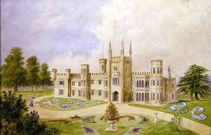 Uitzicht op een landhuis in gotische stijl met een formele tuin, ca. 1840 door English School