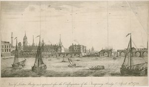 Uitzicht op oude London Bridge zoals het verscheen na de brand van 1758 door English School