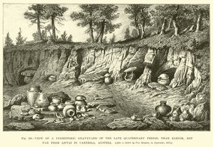 Uitzicht op een prehistorische begraafplaats uit het Laat-Kwartair, nabij Klenik, niet ver van Littai in Carniola, Oostenrijk door English School