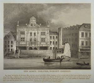 Uitzicht op het Dukes Theatre, Dorset Gardens, vanaf de rivier de Theems, 1814 door English School