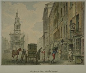 Uitzicht op de Eagle Tavern in de Strand, Westminster, met een man die producten uit een door paarden getrokken kar op de weg lost en St Mary le Strand in de verte, ca. 1800 (aquarel op papier) door English School