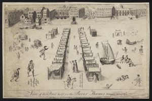 Uitzicht op de kermis gehouden op de rivier de Theems, 1683-1684 door English School