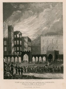 Uitzicht op de Huizen van Lords en Commons, vernietigd door brand op 16 oktober 1834 door English School