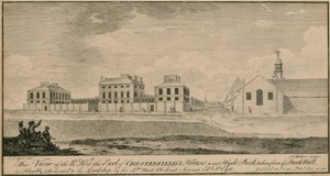 Uitzicht op het huis van de Right Hon de Graaf van Chesterfield nabij Hyde Park, genomen vanaf de Parkmuur door English School