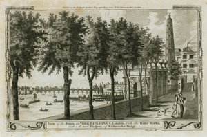 Aanblik van de trappen van York Buildings, Londen met de waterwerken en het verre uitzicht op Westminster Bridge