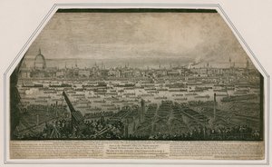 Uitzicht op de begrafenisstoet van admiraal Lord Nelson toen hij van Greenwich naar Whitehall werd gebracht