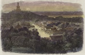 Uitzicht op de tuinen en de boeddhistische tempel in de Keizerlijke Stad door English School