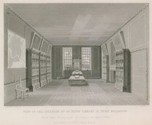 Uitzicht op het interieur van de bibliotheek van Mr. Pepys in York Building door English School