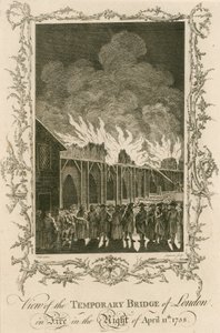 Uitzicht op de tijdelijke brug van Londen in brand in de nacht van 11 april 1758 door English School