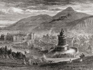 Uitzicht over Edinburgh vanaf het Burns Monument op Calton Hill, uit 