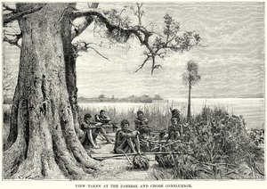 Gezicht bij de samenvloeiing van Zambese en Chobe (gravure) door English School